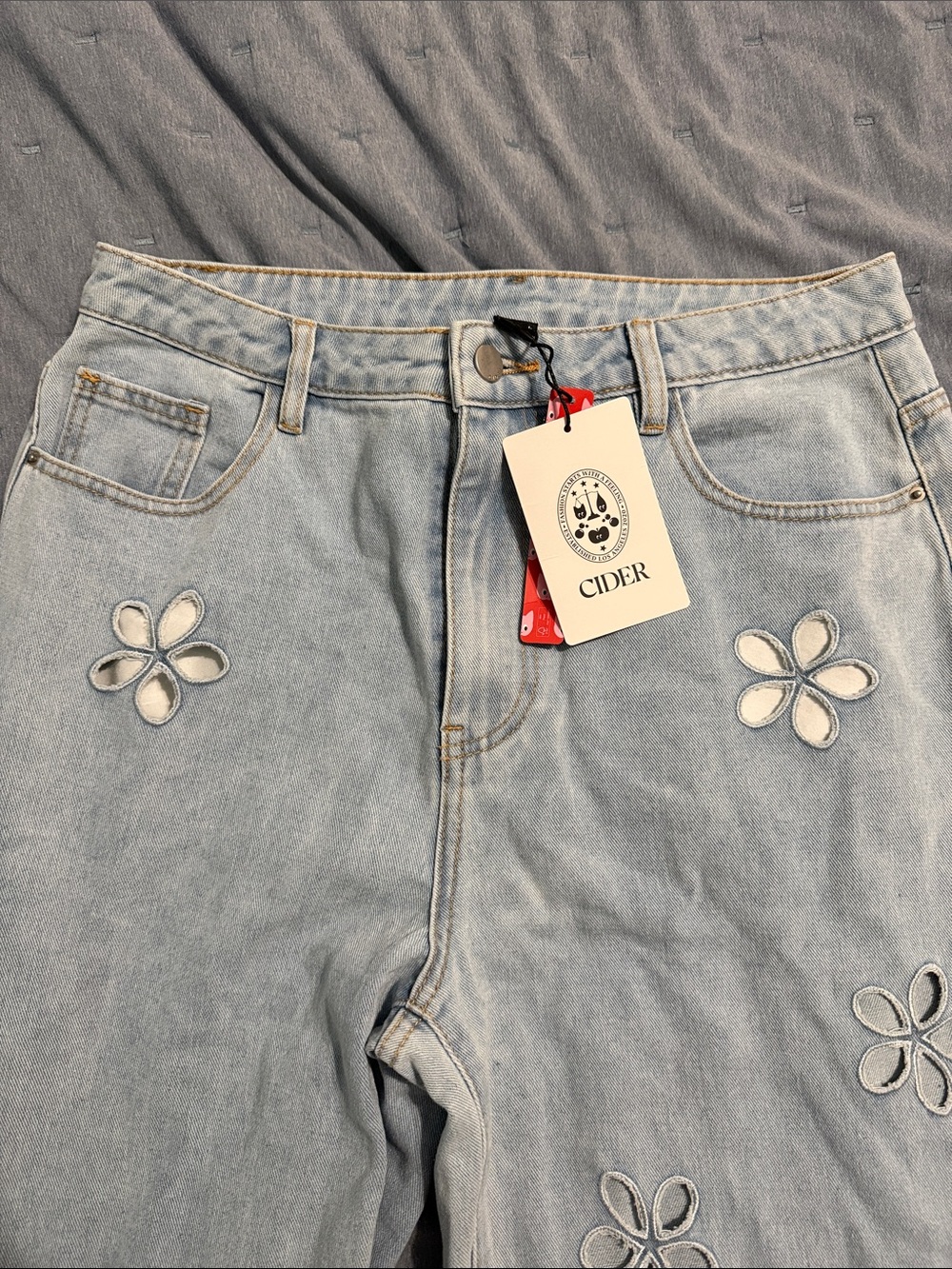 Cider Pale Blue High-Rise Jeans with Daisy Cutout Details